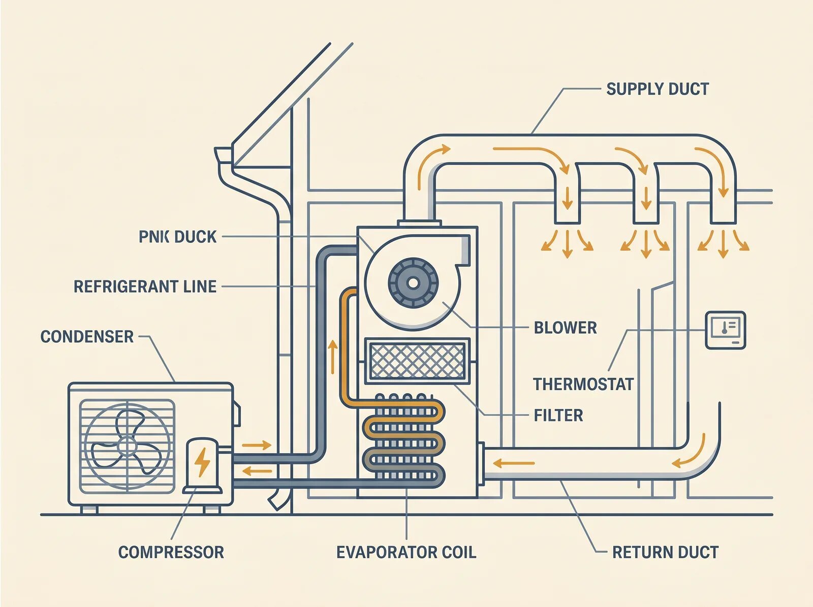 Labeled cross-section diagram of a residential central air conditioning system showing the outdoor condenser, compressor, refrigerant lines, indoor evaporator coil, blower, return air duct, supply duct, and thermostat. Used by Spokane HVAC Pros to help homeowners identify AC components.